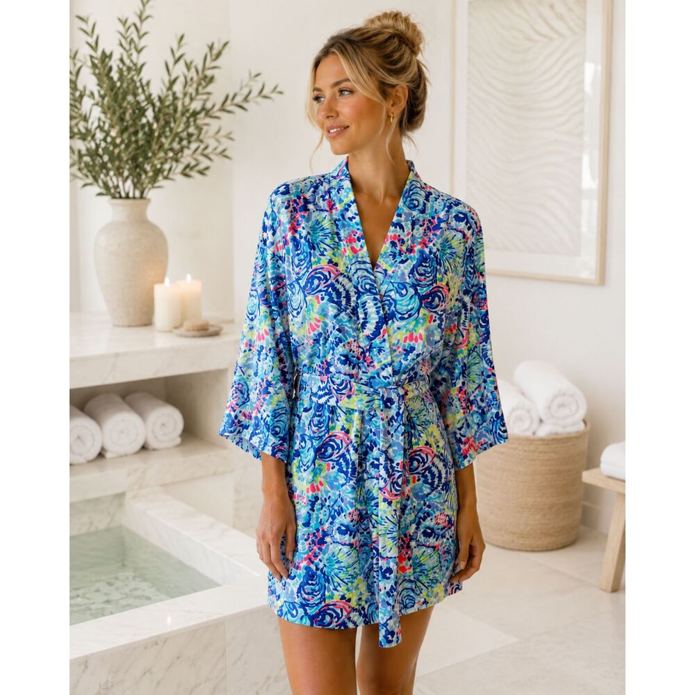 Lilly Pulitzer Elaine Velour Robe – Multi Ocean Commotion Print XXS / XS